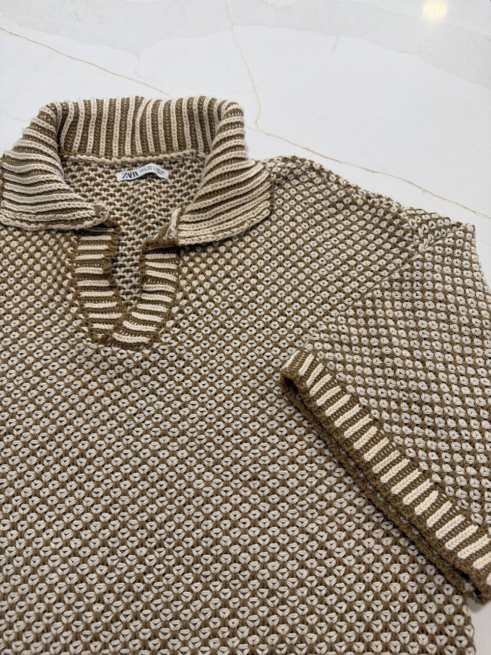 Zara Men's L cream brown textured knit short-sleeve sweater Zara waffle-stitch